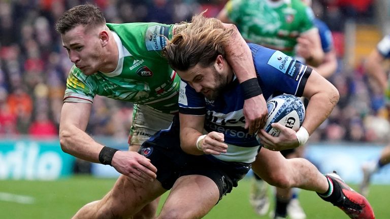 Bath's Tom de Glanville is tackled by Leicester's Freddie Steward during the Tigers' Gallagher Premiership win on New Year's Eve